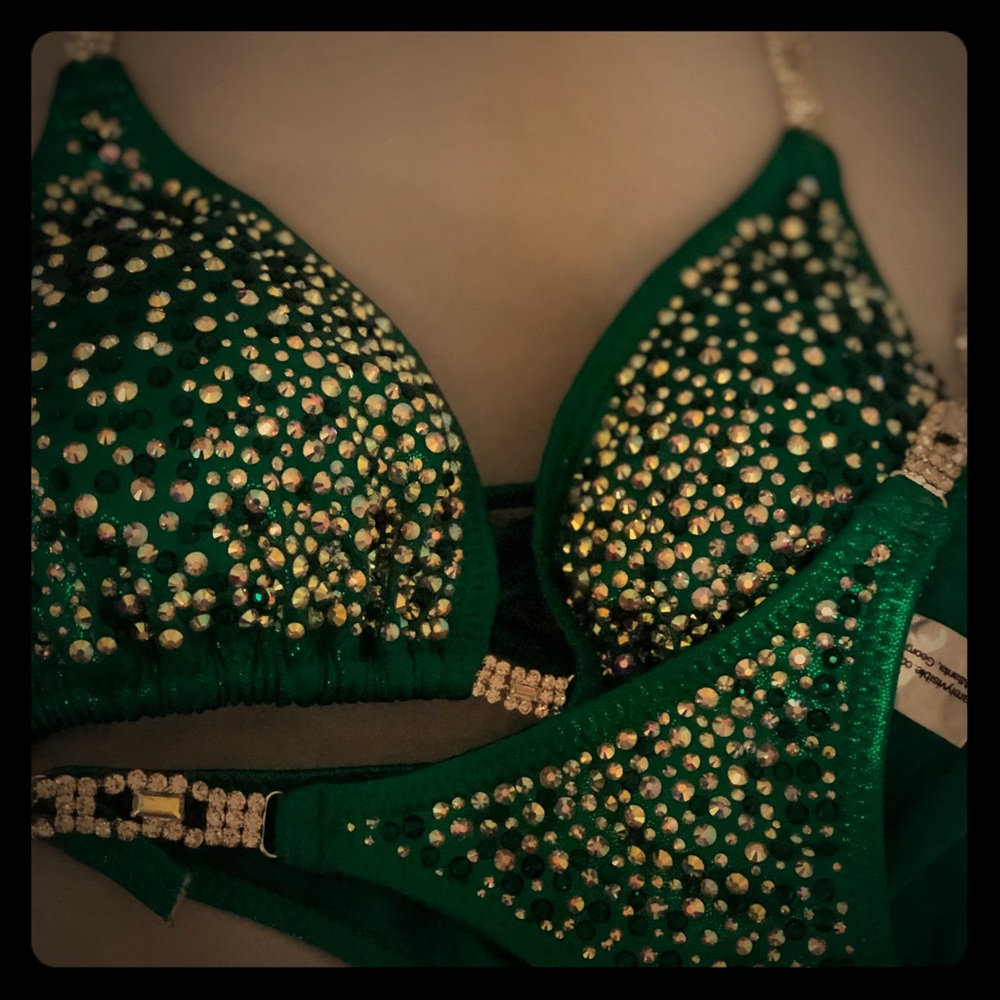 Bikini competition suit Green rhinestone bikinis